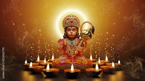 Lord Hanuman Idol with Diyas and Aura - Divine Hindu Deity Worship