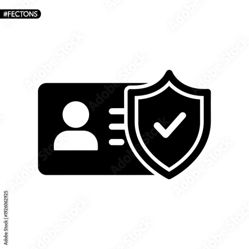 A black and white icon of an id card with a shield