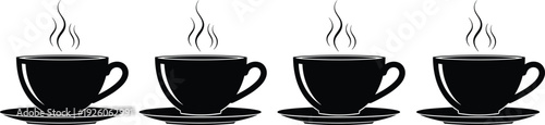 Row of black coffee cup silhouettes with steam on saucers isolated on white background for cafe menu, morning breakfast, or office break.