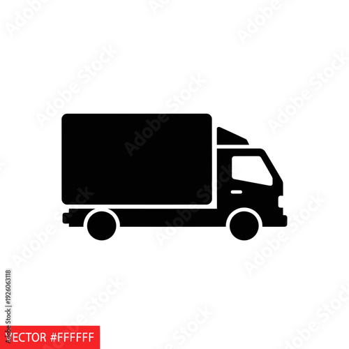 A black silhouette of a delivery truck on a white background