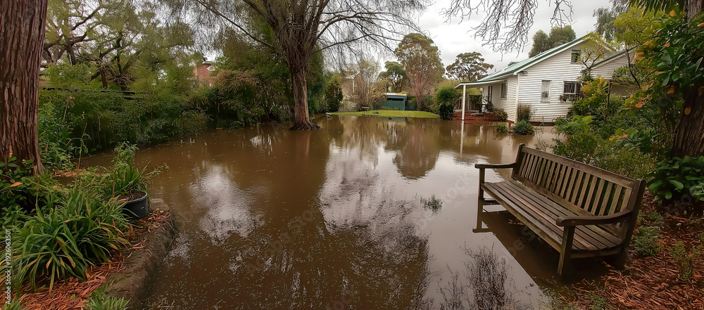 Naklejka premium A serene scene of a flooded garden with a bench reflecting nature's calm despite adverse weather conditions.