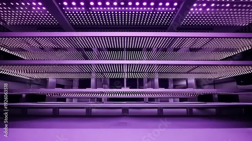 Modern purple illuminated empty warehouse interior with grid ceiling.