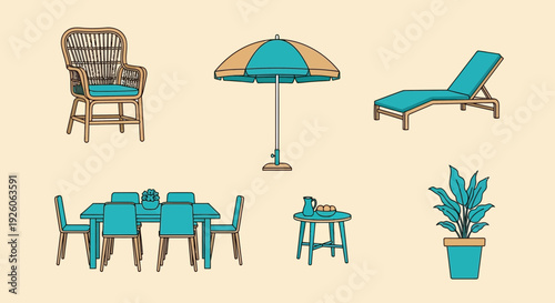 A collection of outdoor patio furniture and decor elements on a beige background