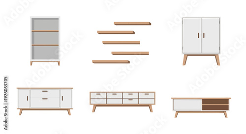 Collection of modern white and wood storage furniture and shelves