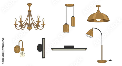 Collection of various brass and black lighting fixtures on white background