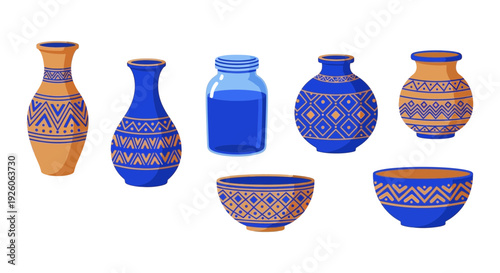 Collection of stylized terracotta and blue patterned pottery and a jar