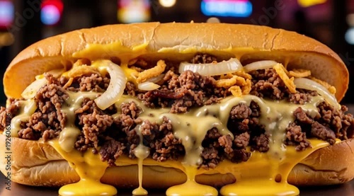 A Philly cheesesteak sandwich, overflowing with thinly sliced ribeye steak, melted Cheez Whiz, and fried onions, on a long hoagie roll