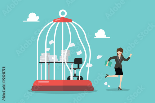 Business woman break free from toxic working desk bird cage