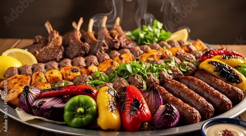 A platter of mixed grilled meats (kebabs, shish tawook) with grilled peppers and onions. Shot from a low angleA platter of mixed grilled meats (kebabs, shish tawook) with grilled peppers and onions. S