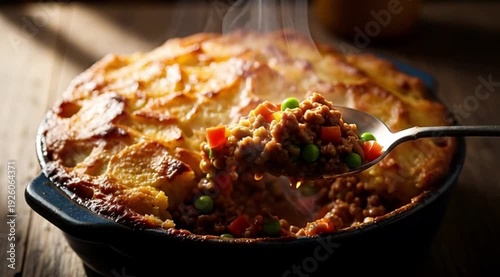 A rich, steaming Shepherd's Pie in a rustic ceramic dish, with a golden, peaked potato topping. A spoon dipping in to reveal the savory minced lamb filling