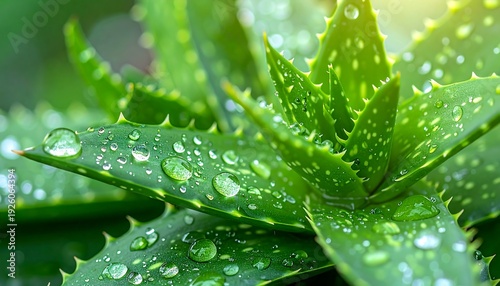 Close-up of Aloe Vera plant with water droplets on its leaves.