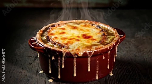A rustic French onion soup in a traditional brown ramekin, topped with a thick, bubbling layer of gruyère cheese