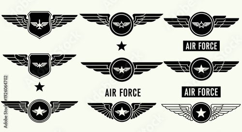 Air Force Wings Badges Set with Stars and Shield