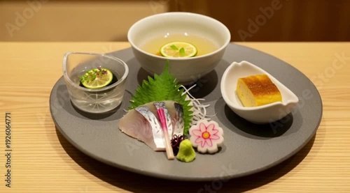 A single, exquisite dish from a multi-course kaiseki meal, presented on unique, artistic tableware, emphasizing seasonality and balance