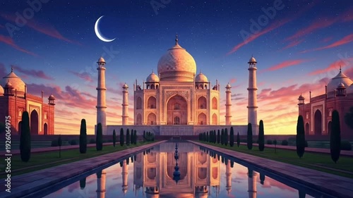 view of Taj Mahal by candlelight. indian holiday background for greeting card. Ramadan, Eid al-Fitr or Eid al-Adha. Diwali, Pongal, Ugadi, Gudi Padwa. Cartoon Festive Hindu banner, copy space