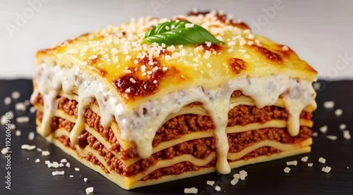 A single, perfect square of authentic Lasagna Bolognese, cut to reveal perfect layers of pasta, ragu, béchamel, and cheese