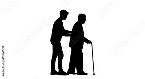 Silhouette of a young man assisting an elderly senior man with a walking cane