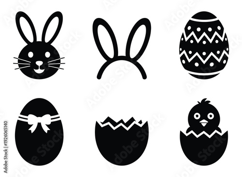 Easter icons collection including bunny face, rabbit ears, decorated egg, chick, and cracked egg symbols