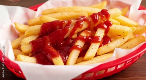A slow-motion shot of a bottle of ketchup being poured onto a pile of golden French fries in a red plastic basket