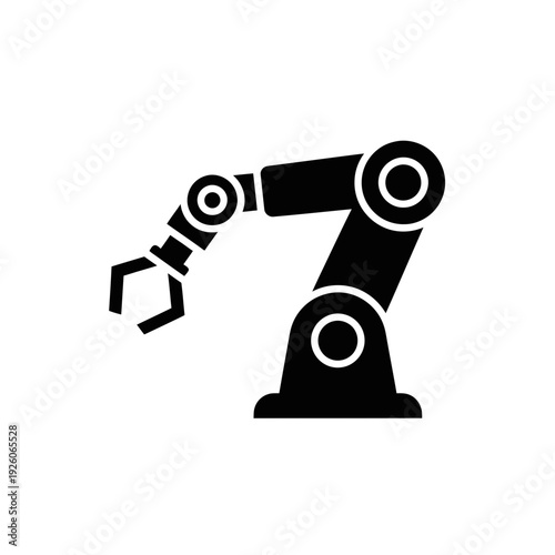 A robotic arm with a claw is shown in a simple black and white graphic