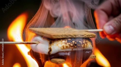 A s'more being constructed, showing a toasted marshmallow, a piece of chocolate, and graham crackers