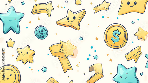 Business and sales-themed background with icons like shopping carts, money, stores, and packages. Ideal for wallpaper, presentations, marketing, and e-commerce designs.