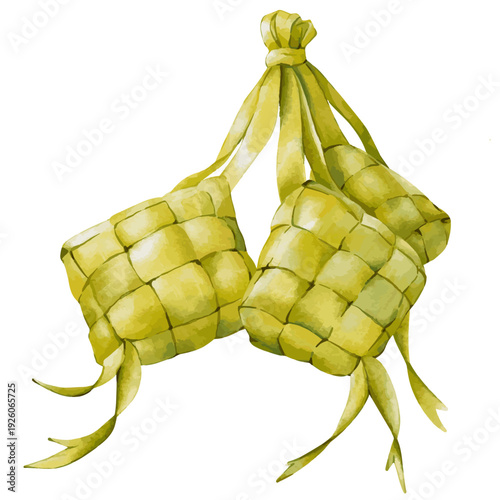 A watercolor painting of a bundle of ketupat captures a soft and delicate atmosphere. The diamond-shaped rice cakes are woven from young coconut leaves.