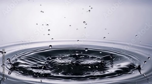 A splash of rosewater captured in mid-air, droplets falling into a still body of water, creating ripples. High-speed photography