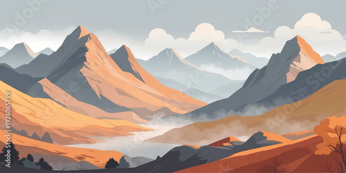 Majestic Mountain Landscape Illustration with Layered Peaks, Warm Sunset Light, Cloudy Sky and Scenic Valley Nature Background Design.