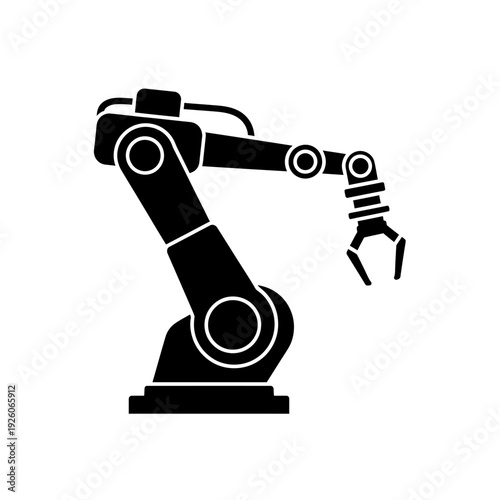 A robotic arm with a claw is shown in a simple black and white graphic