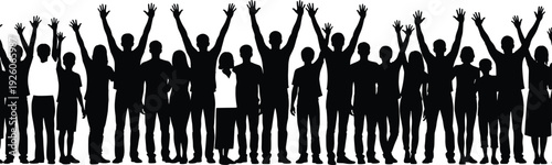 Crowd of people silhouette with raised hands, large group of diverse individuals, community gathering, cheering fans, public event, and human celebration vector