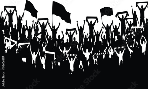 Crowd silhouette vector illustration of cheering fans with flags and scarves, perfect for sports events, music festivals, protest rallies, and concert atmosphere.