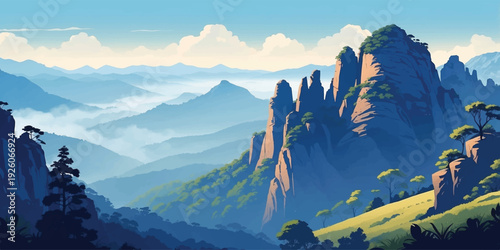 Stylized mountain valley illustration featuring dramatic rocky cliffs, lush green hills, and layered blue peaks in the distance, perfect for travel, adventure, and background design.
