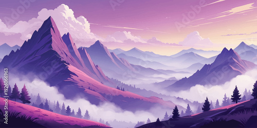 Stylized purple mountain landscape illustration with layered peaks, soft misty valleys, and warm sunset tones, ideal for wallpaper and creative background use.