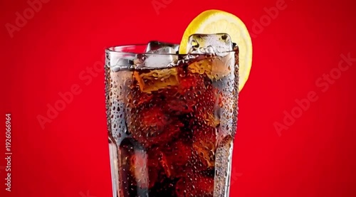 A tall, frosty glass of Coca-Cola with condensation droplets, filled with ice cubes and a slice of lemon, against a vibrant red background