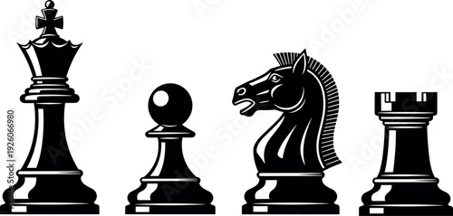 Black chess piece silhouettes king pawn knight rook strategy concept illustration isolated on white background for business leadership planning competition and intelligence