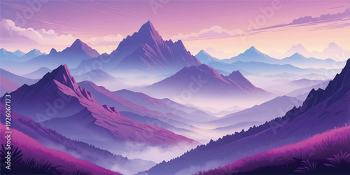 Vibrant purple and pink mountain landscape illustration with layered peaks and soft mist, creating a dreamy atmospheric background perfect for creative and wallpaper use.