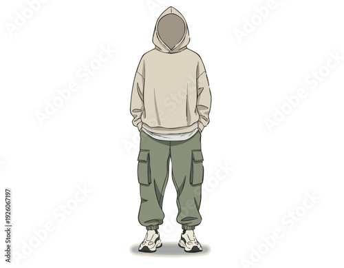 flat vector of man streetwear outfit, oversized hoodie, cargo pants, sneakers,