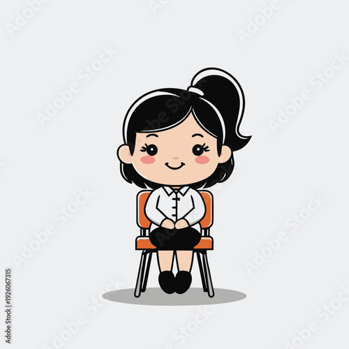 Cute cartoon girl with black hair sitting on a chair smiling sweetly.