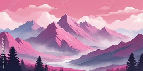 Stylized pink mountain landscape illustration with layered peaks, soft clouds, and forest silhouettes in dreamy pastel tones, ideal for wallpaper and creative background design.