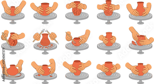 Pottery Making Process Set with Hands Shaping Clay on Wheel, Sculpting Vase and Ceramic Craft Steps for Art Studio Illustration Designs