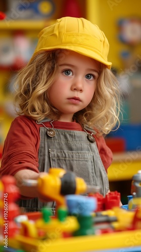 The little child is playing with colorful toys at home.