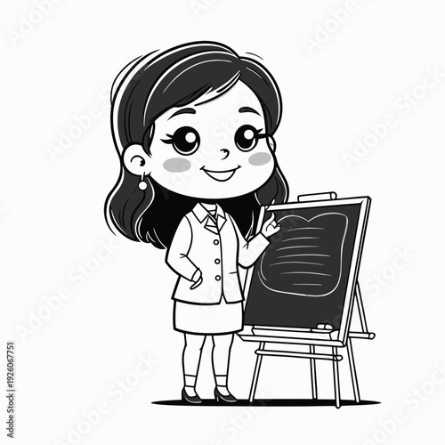 Charming Cartoon Businesswoman Presenting on Chalkboard in Black and White.
