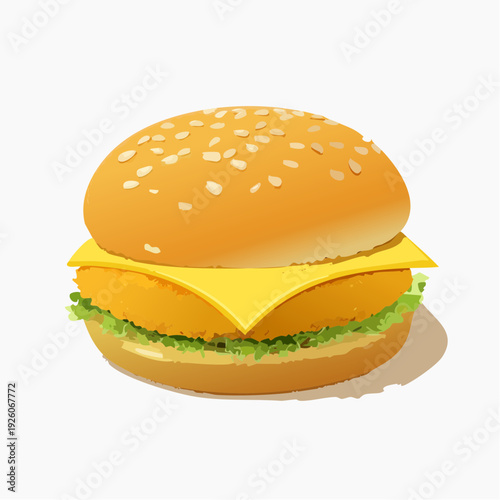 A digital illustration of a cheeseburger with lettuce and cheese on a bun.