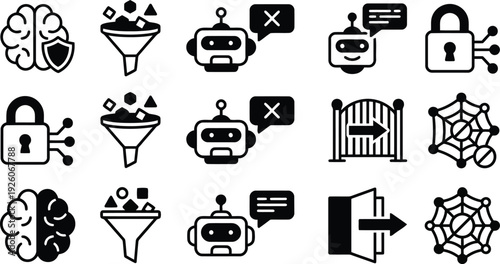 Collection of artificial intelligence and cybersecurity icons representing technology and data security concepts