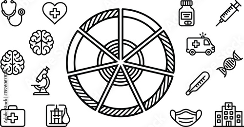 Medical icons surrounding a pacman symbol on transparent background