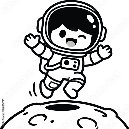 Cute Astronaut Character Jumping on Moon Surface.
