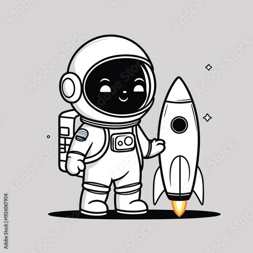 Cute astronaut cartoon with rocket ready for space adventure.