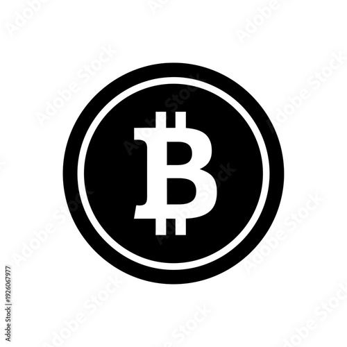 A black and white bitcoin logo on a circular background