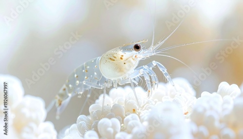 Small transparent shrimp on white coral.